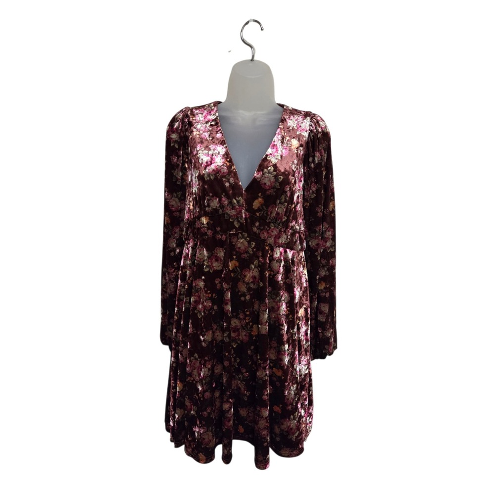 In Loom Floral Velvet Dress Long Sleeve V Neck Mini‎ Dress Size L